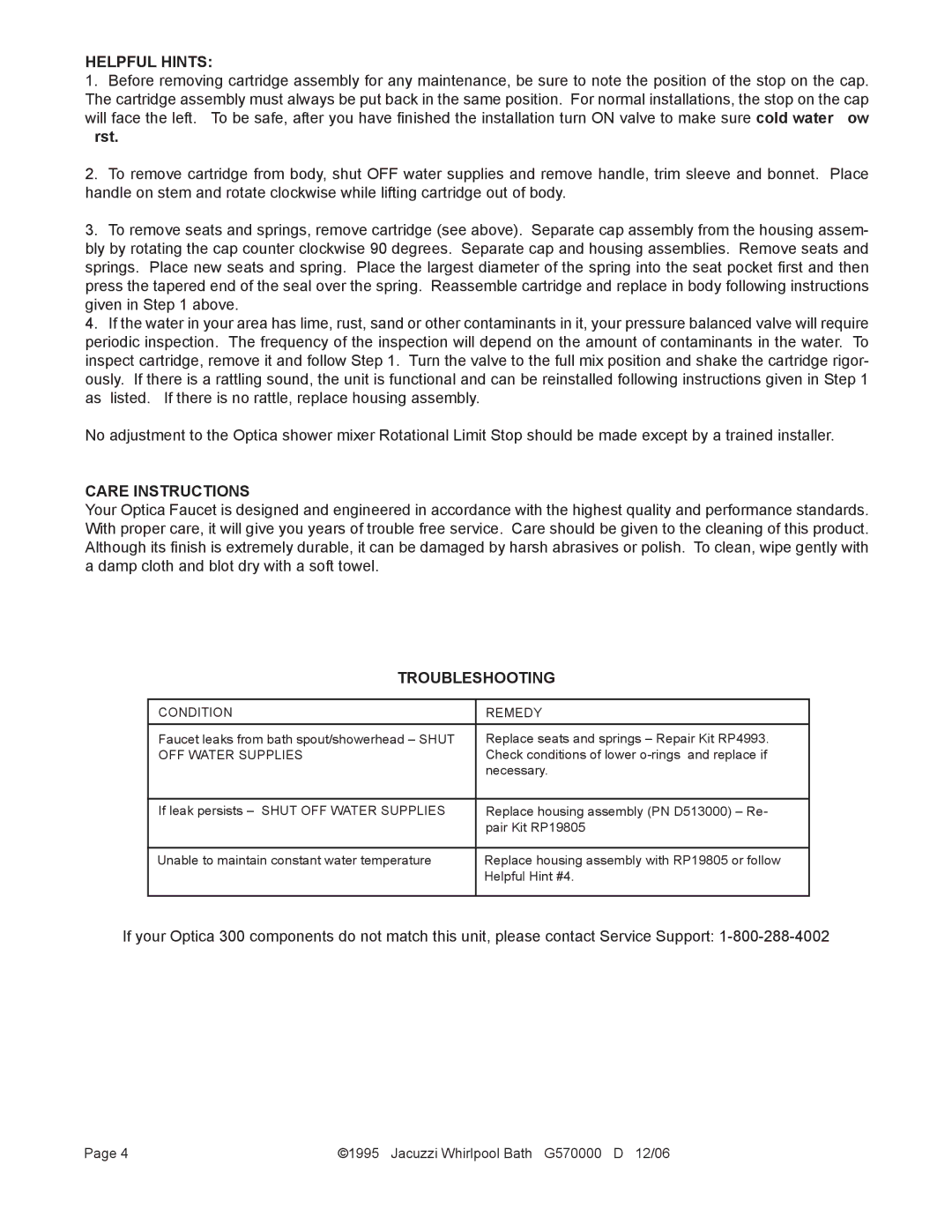 Jacuzzi 300 instruction manual Helpful Hints 