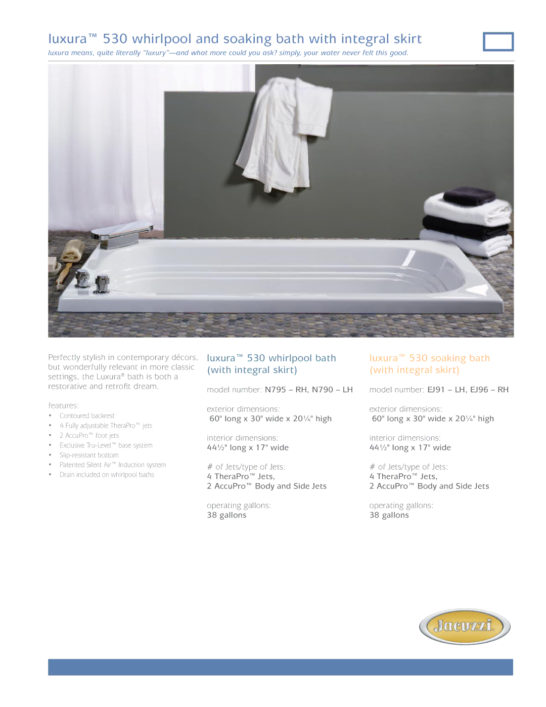 Jacuzzi dimensions Luxura 530 whirlpool and soaking bath with integral skirt 