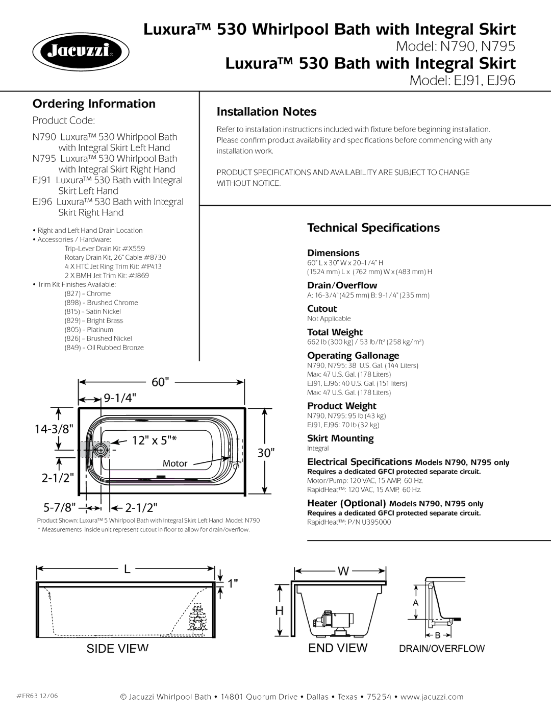 Jacuzzi 530 dimensions Ordering Information, Installation Notes, Technical Specifications 