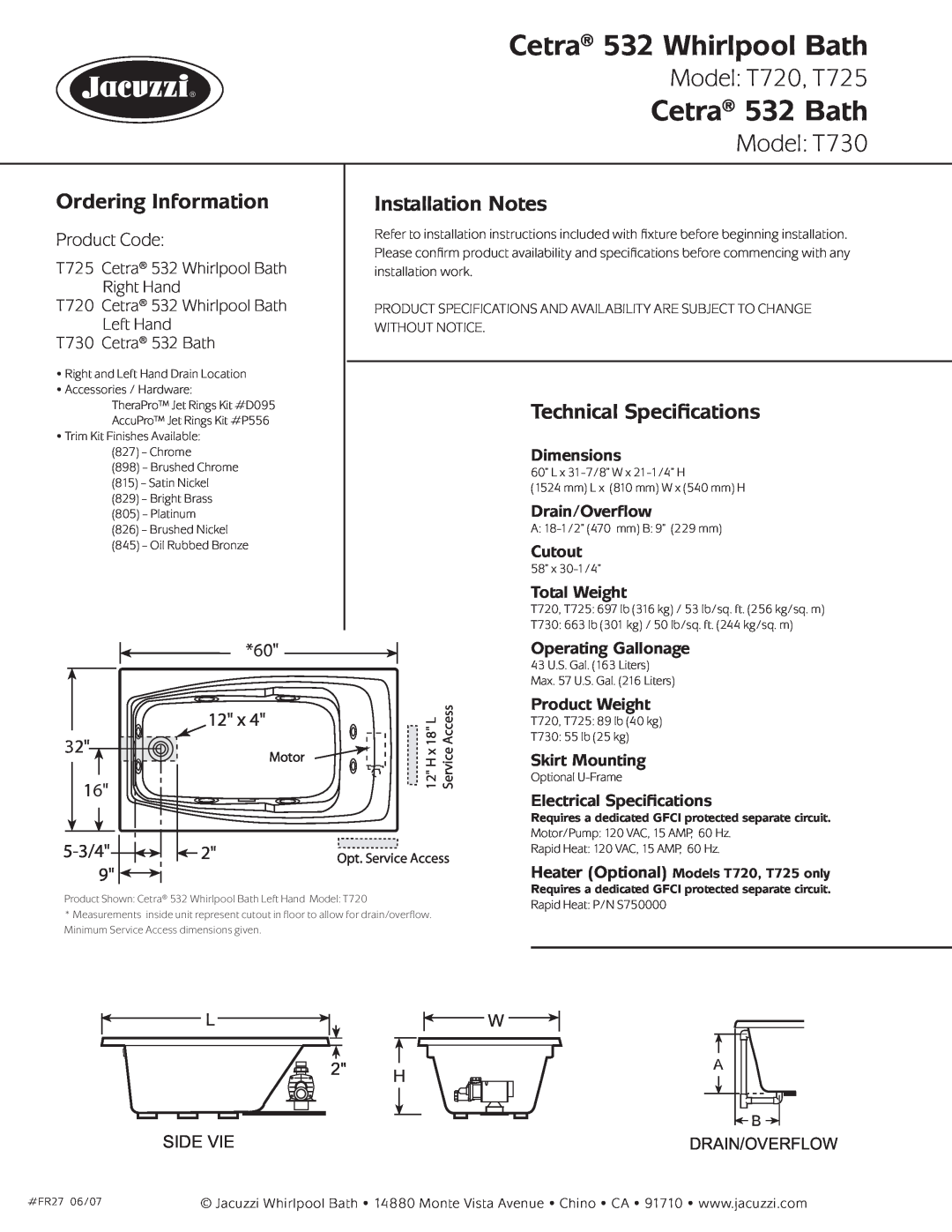 Jacuzzi Cetra 532 Whirlpool Bath, Cetra 532 Bath, Model T720, T725, Model T730, Ordering Information, Product Code 