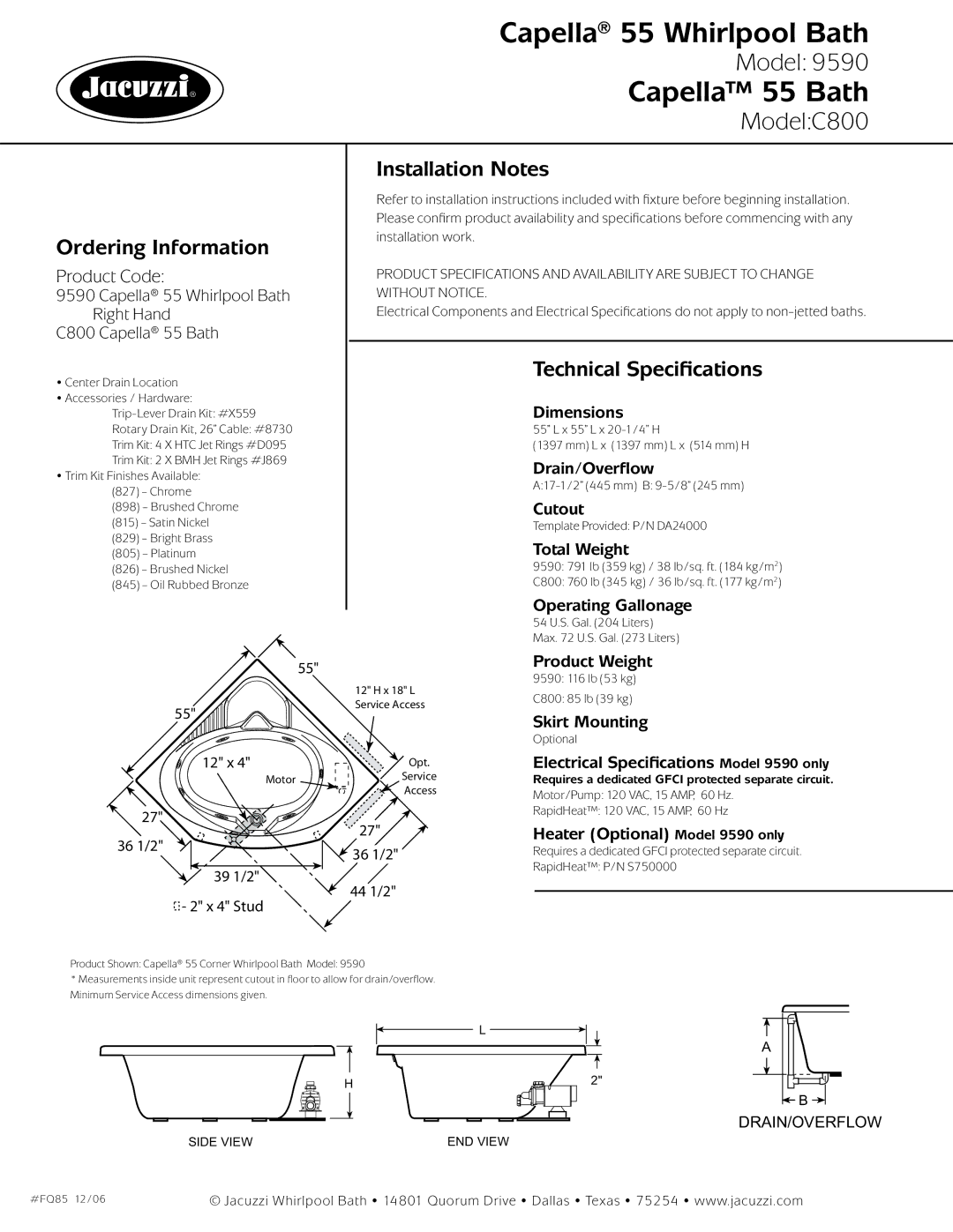 Jacuzzi 55 dimensions Ordering Information, Installation Notes, Technical Specifications 