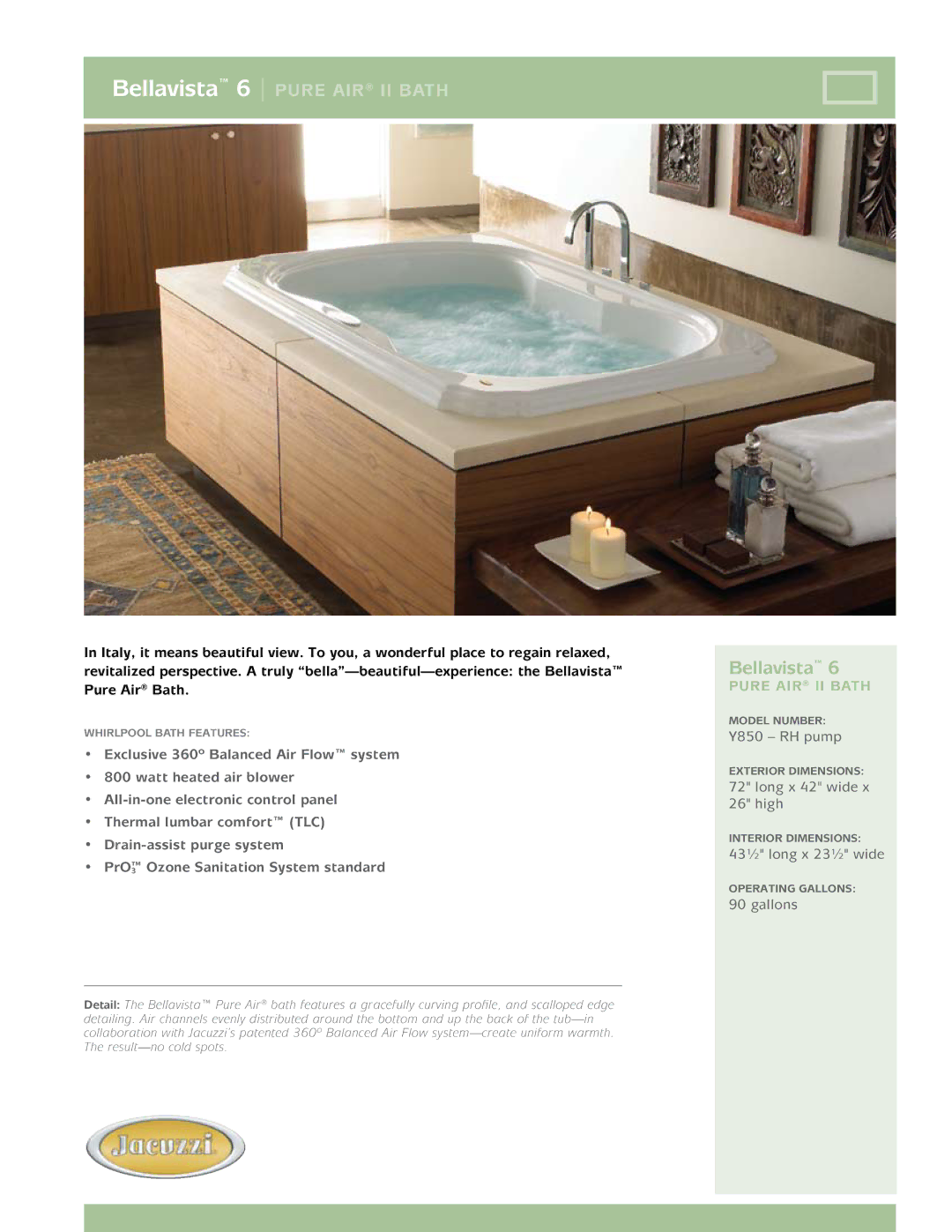 Jacuzzi dimensions Bellavista 6 pure air ii bath, Pure air II bath 