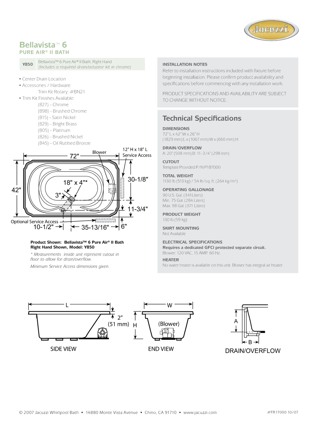 Jacuzzi dimensions Bellavista, Technical Specifications, 18 x 30-1/8 11-3/4, 10-1/2 35-13/16, Pure air II Bath 