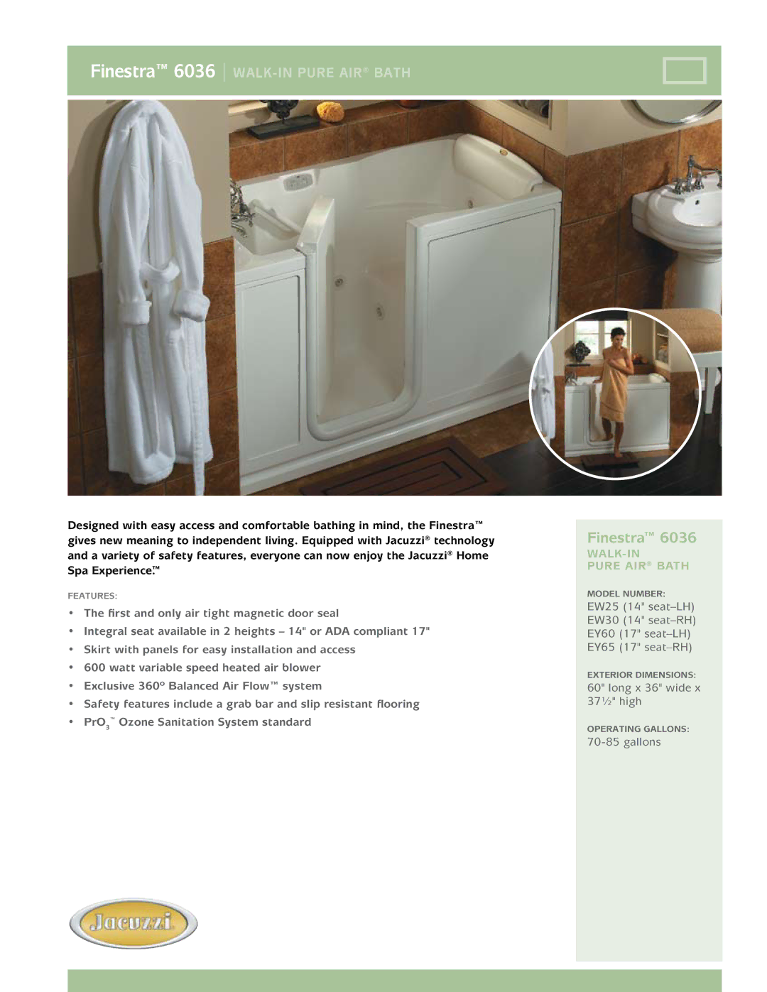 Jacuzzi dimensions Finestra 6036 Walk-in pure air Bath, Walk-in Pure air Bath 