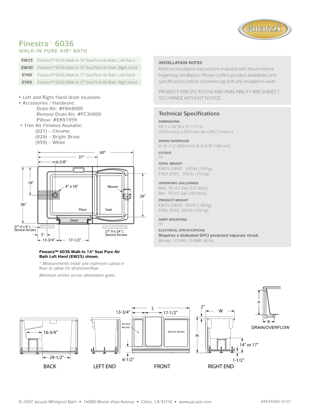 Jacuzzi 6036 dimensions Finestra, Technical Specifications, Walk-In pure air Bath 