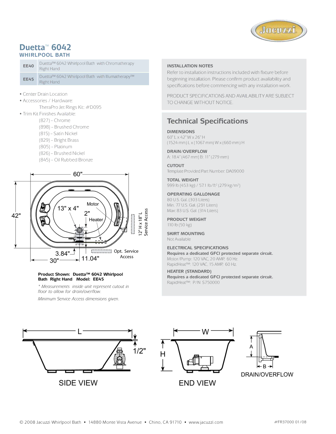 Jacuzzi 6042 manual Duetta, Technical Specifications, 13 x, 11.04, Whirlpool bath 