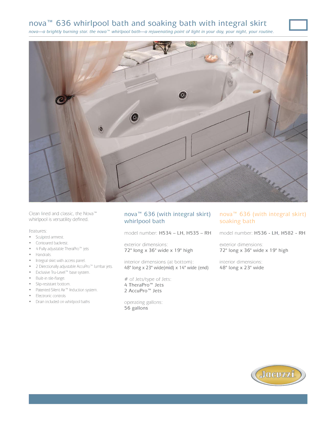 Jacuzzi dimensions Nova 636 whirlpool bath and soaking bath with integral skirt 