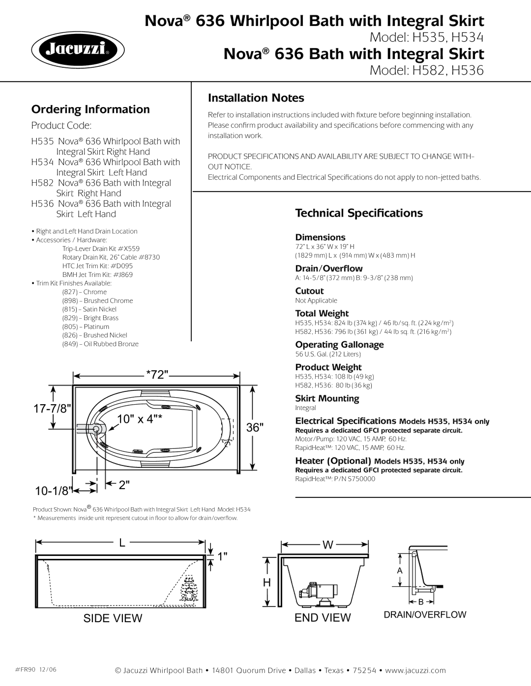 Jacuzzi 636 dimensions Ordering Information, Installation Notes, Technical Specifications 