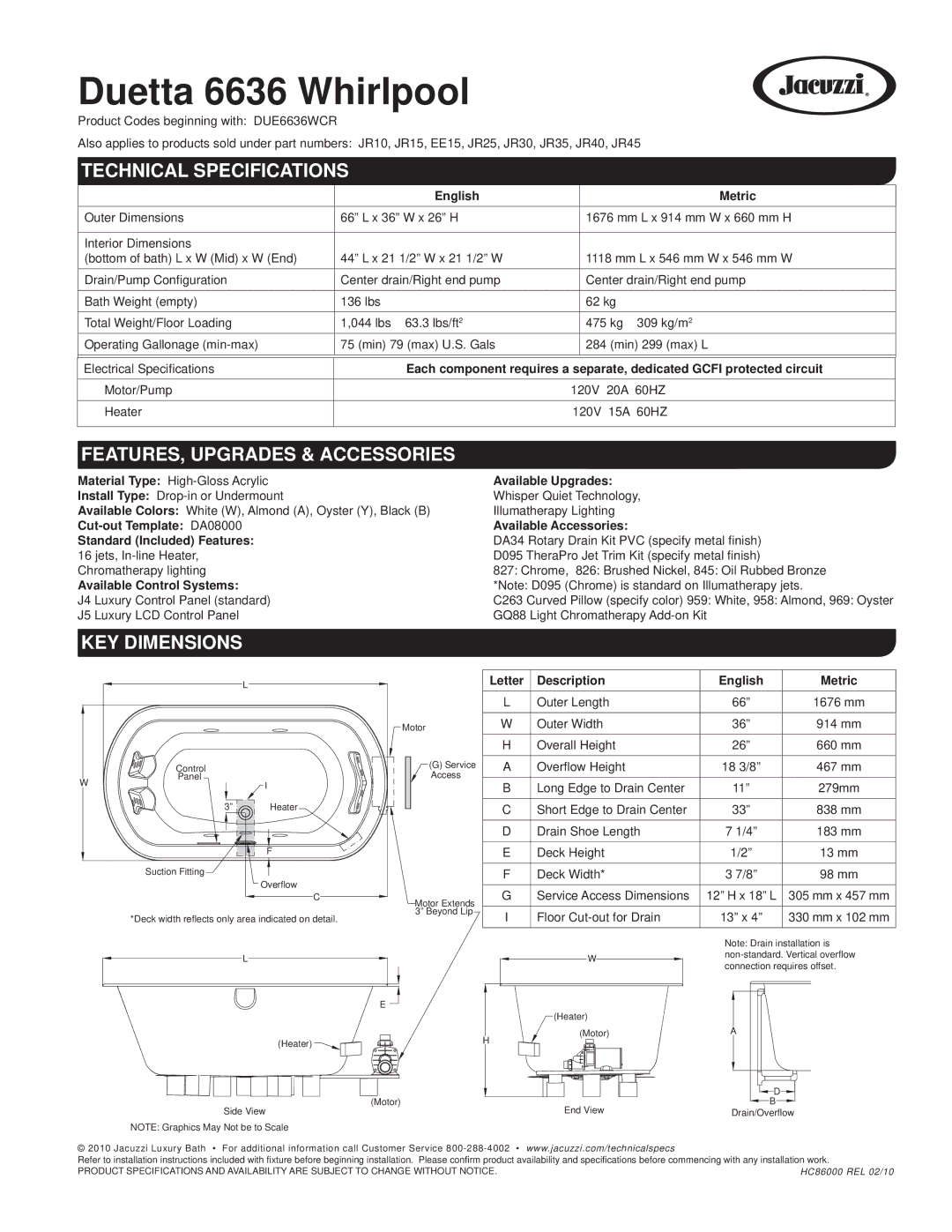 Jacuzzi technical specifications Duetta 6636 Whirlpool, Technical Specifications, FEATURES, Upgrades & Accessories 