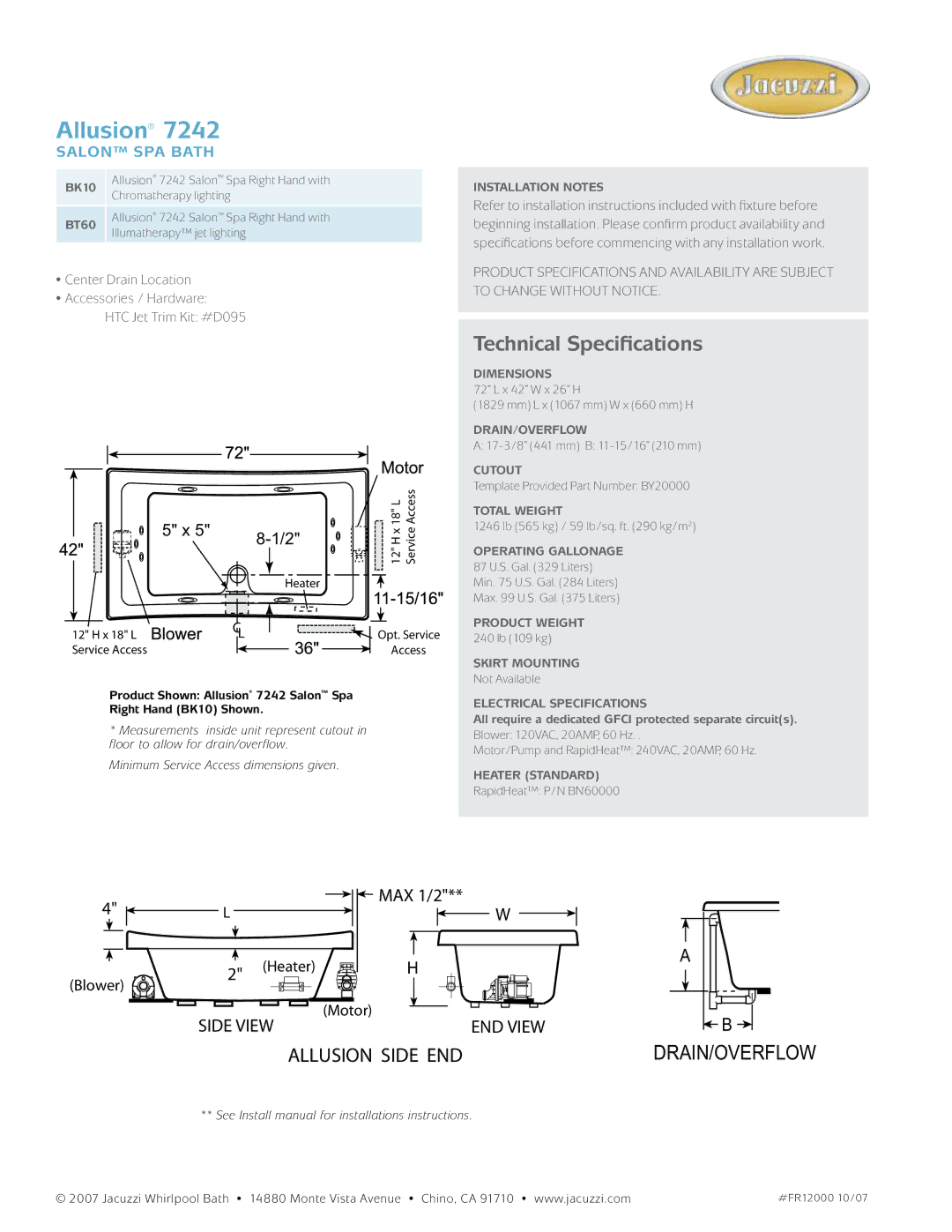 Jacuzzi 7242 BK10, BT60, Installation Notes, Dimensions, Drain/Overflow, Cutout, Total Weight, Operating Gallonage 