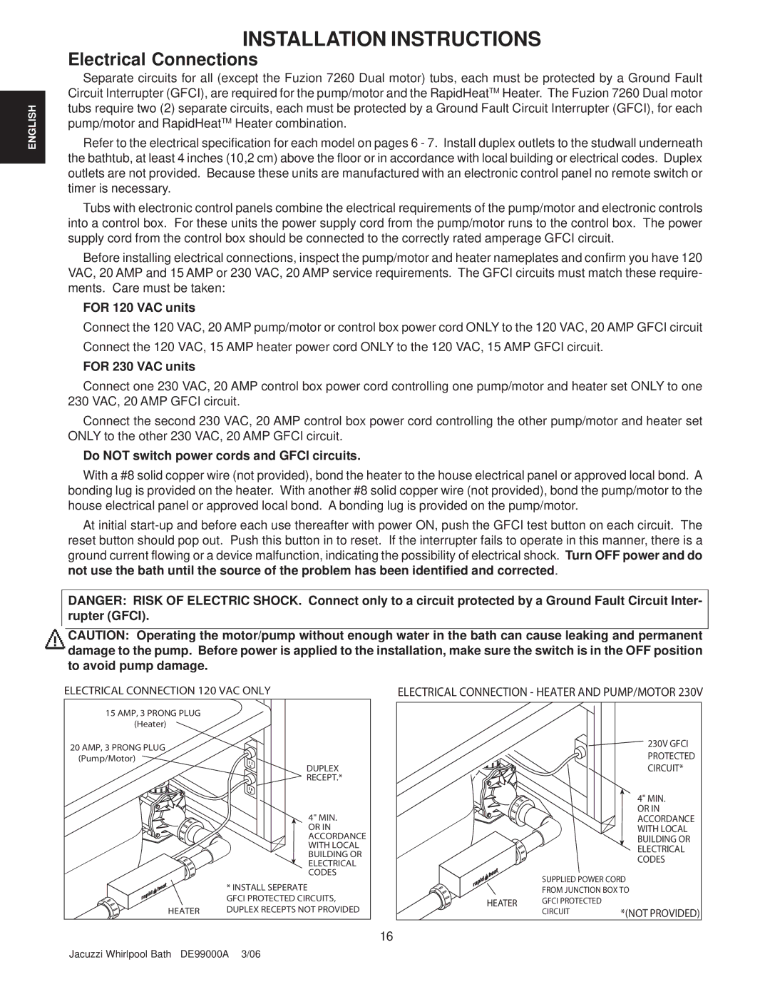 Jacuzzi 7260 Electrical Connections, For 120 VAC units, For 230 VAC units, Do not switch power cords and Gfci circuits 