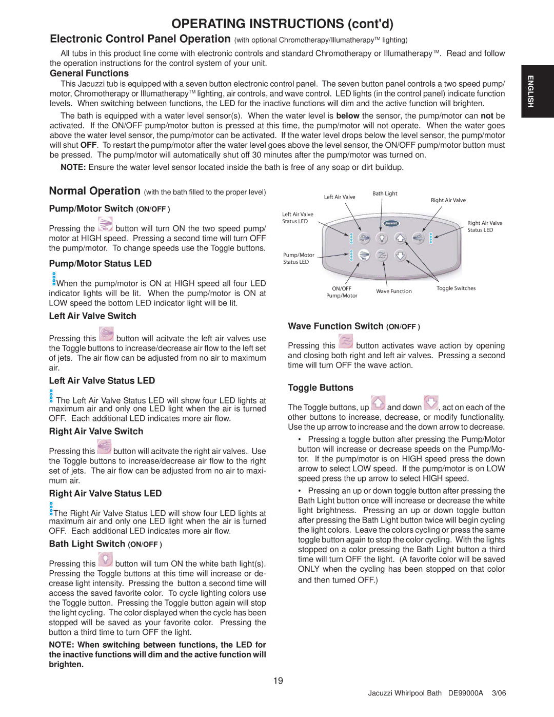 Jacuzzi 7260 manual Operating Instructions contd 