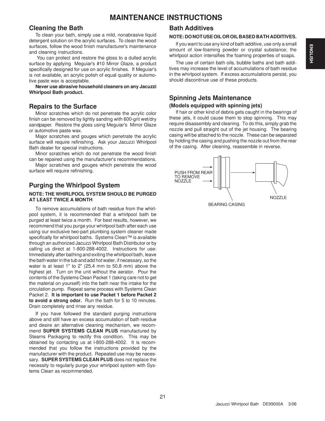 Jacuzzi 7260 manual Maintenance Instructions 