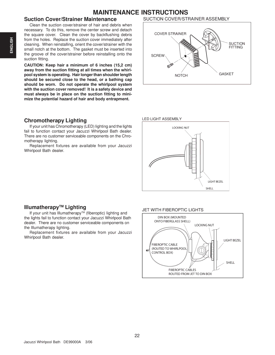 Jacuzzi 7260 manual Suction Cover/Strainer Maintenance, Chromotherapy Lighting, IllumatherapyTM Lighting 