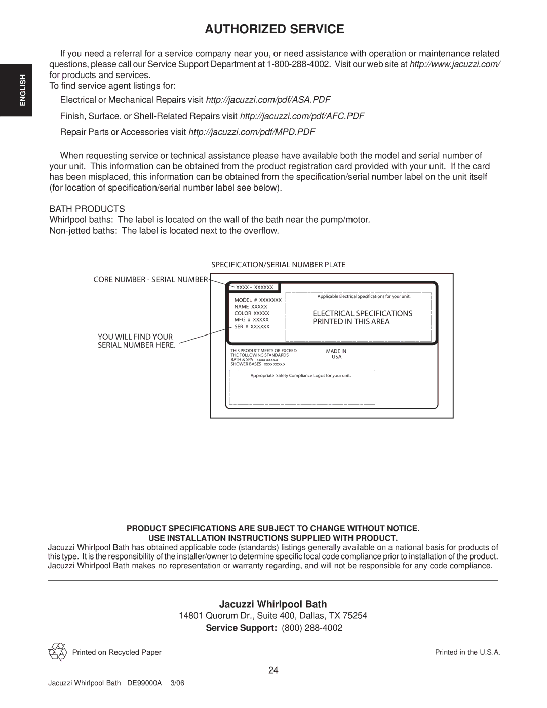 Jacuzzi 7260 manual Authorized Service, Service Support 800 