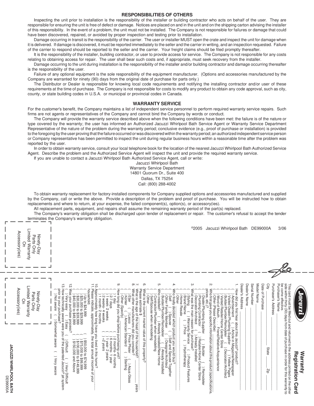 Jacuzzi 7260 manual Registration Warranty Card, Responsibilities of Others 