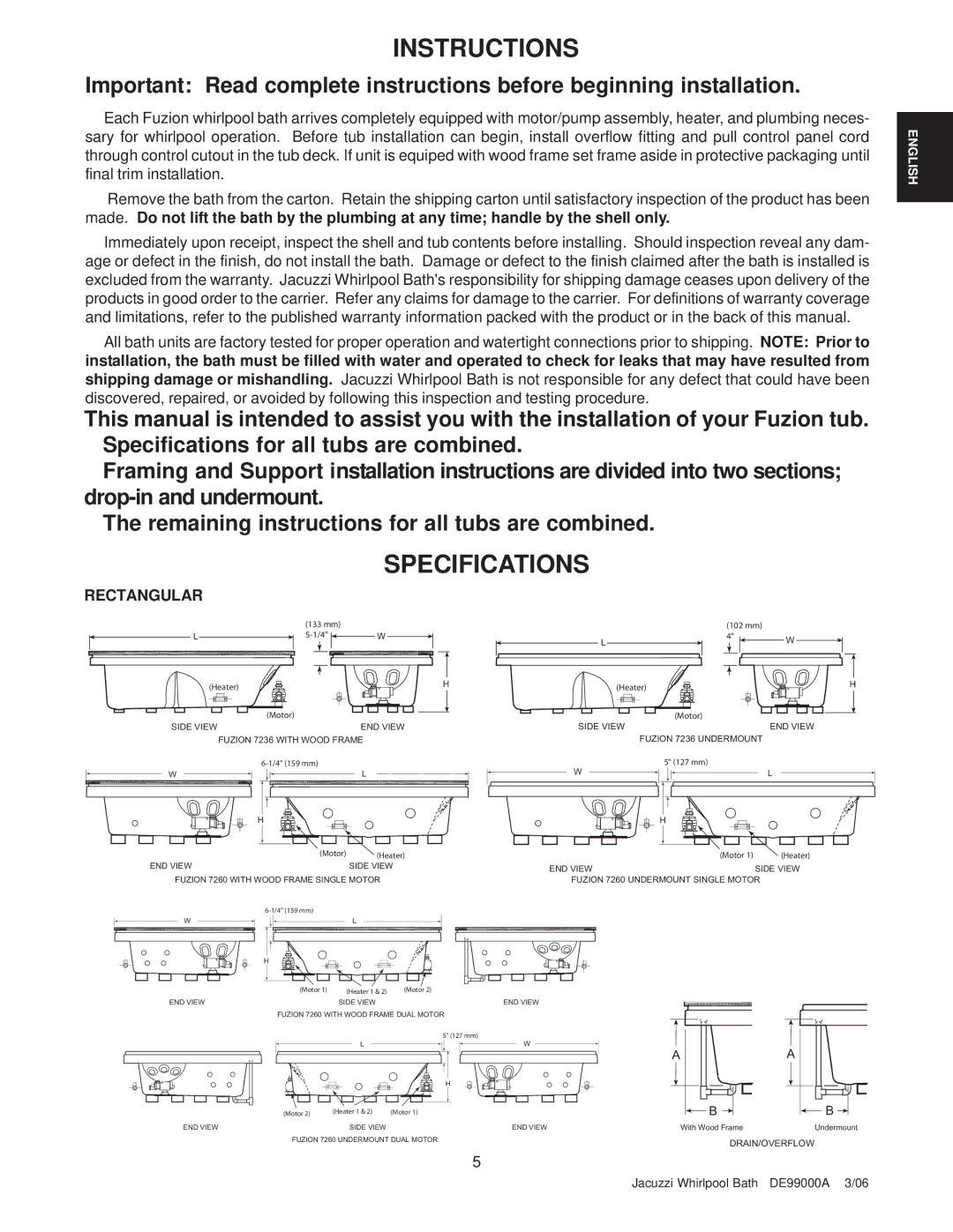 Jacuzzi 7260 manual Instructions, Specifications, Rectangular 