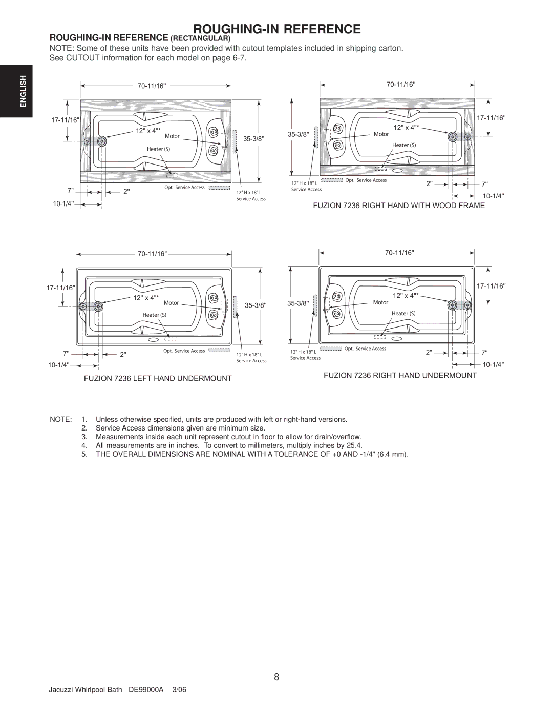 Jacuzzi 7260 manual ROUGHING-IN Reference Rectangular, 35-3/8 