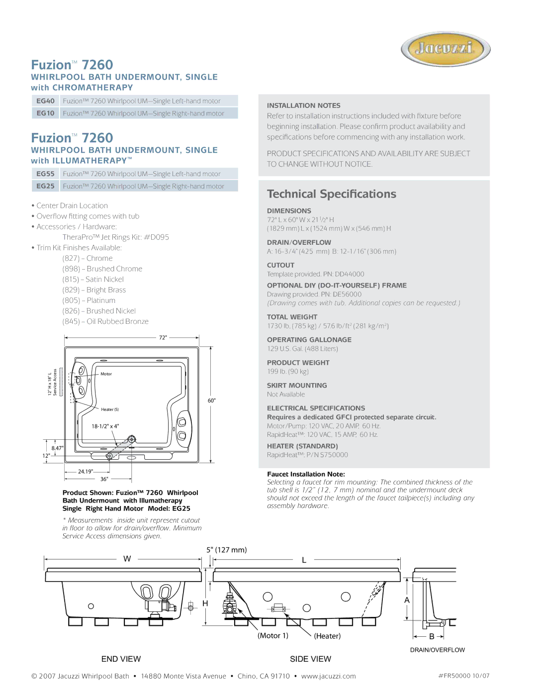 Jacuzzi 7260 Whirlpool Bath undermount, single with chromatherapy, Whirlpool Bath undermount, single with illumatherapy 