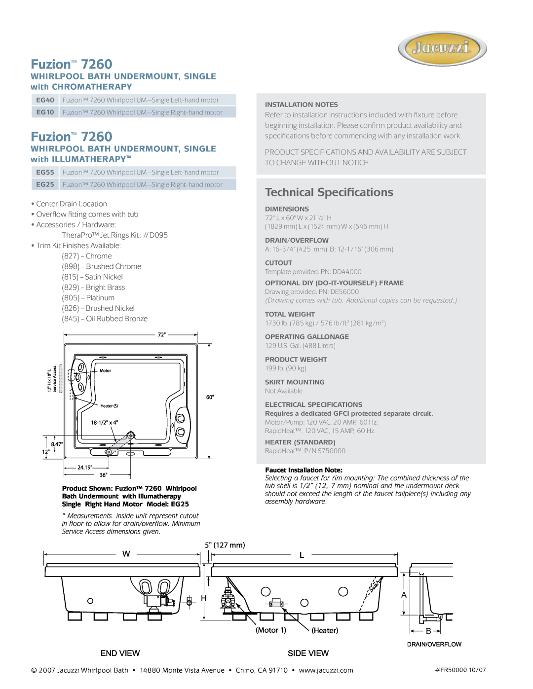 Jacuzzi 7260 dimensions Fuzion, Technical Specifications 