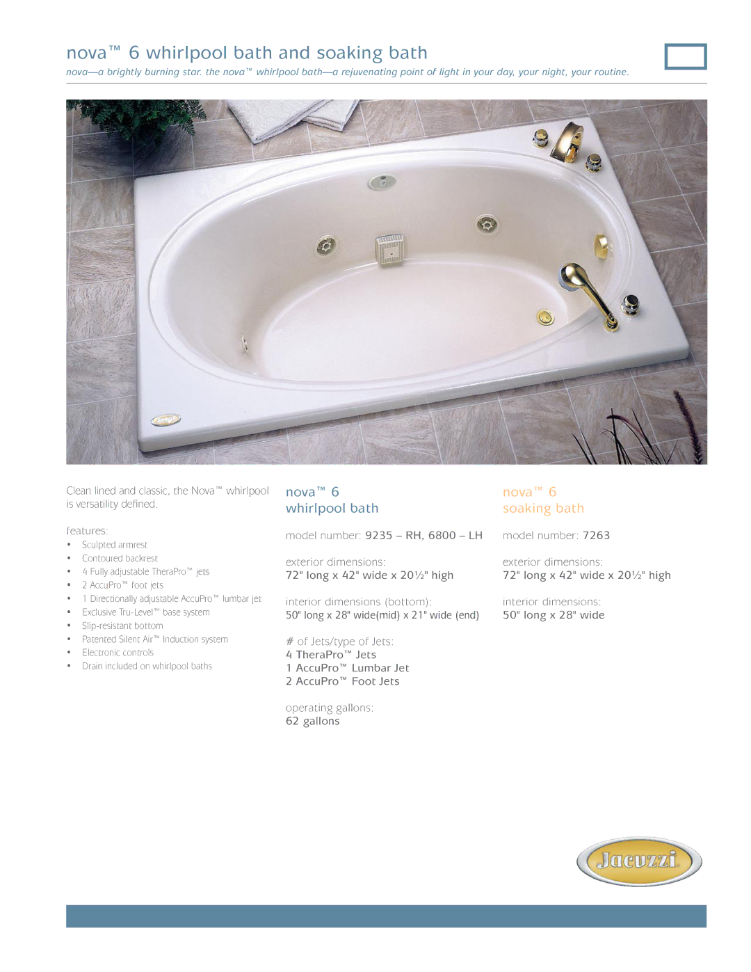 Jacuzzi 9235-RH, 7263, 6800-LH dimensions Nova 6 whirlpool bath and soaking bath 