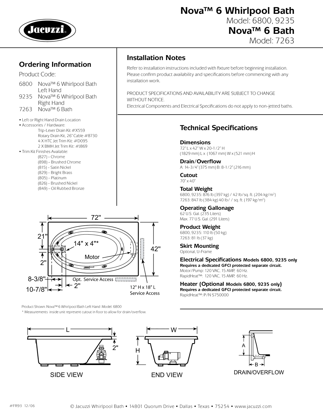 Jacuzzi 6800-LH, 7263, 9235-RH dimensions Ordering Information, Installation Notes, Technical Specifications 