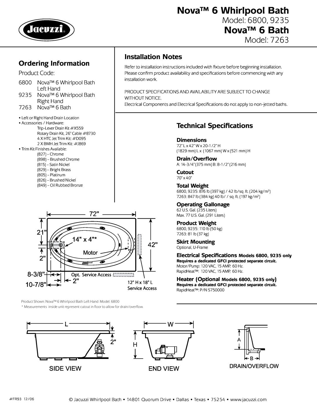Jacuzzi 6800-LH Nova 6 Whirlpool Bath, Nova 6 Bath, Model, Ordering Information, Installation Notes, 8-3/8, 10-7/8, Cutout 