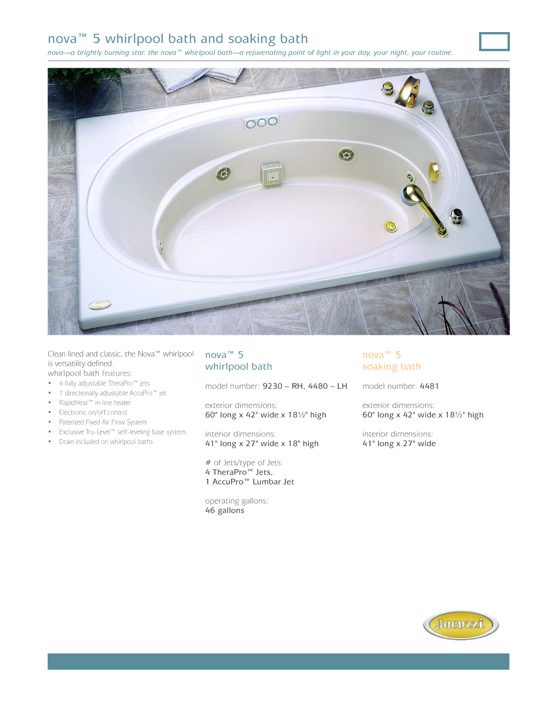 Jacuzzi 4481, 9230-RH, 4480-LH dimensions Nova 5 whirlpool bath and soaking bath 