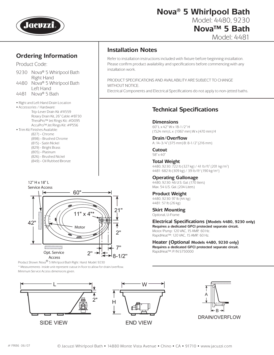 Jacuzzi 4480-LH, 9230-RH, 4481 dimensions Ordering Information, Installation Notes, Technical Speciﬁcations 