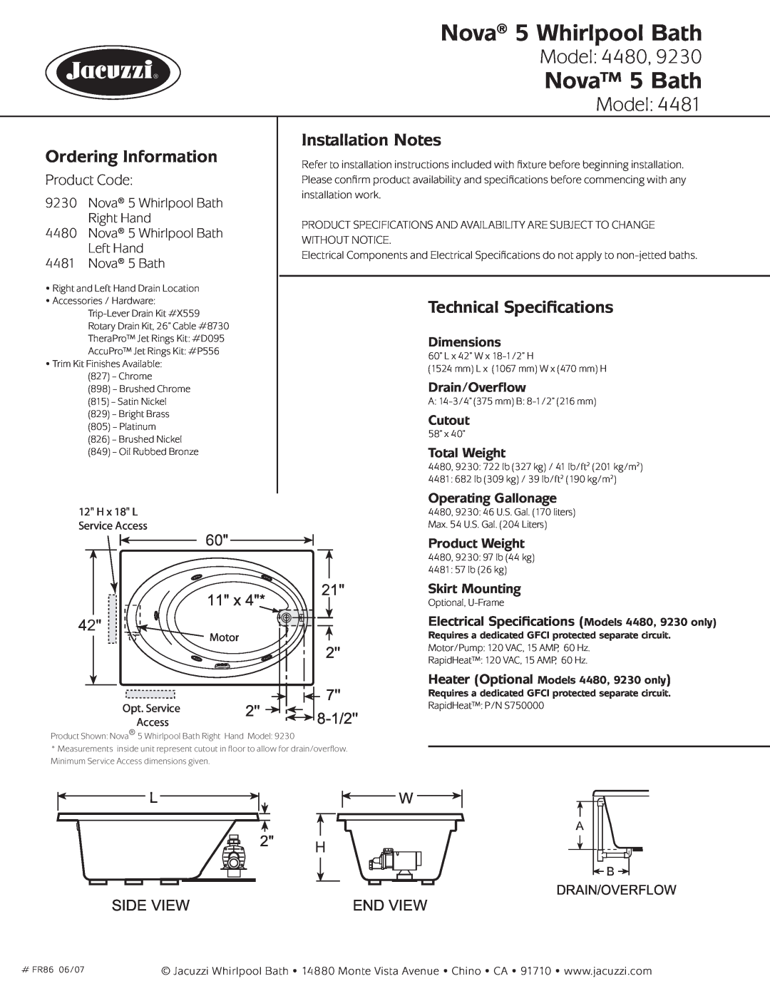 Jacuzzi 4480-LH Nova 5 Whirlpool Bath, Nova 5 Bath, Model, Ordering Information, Installation Notes, Product Code, 8-1/2 