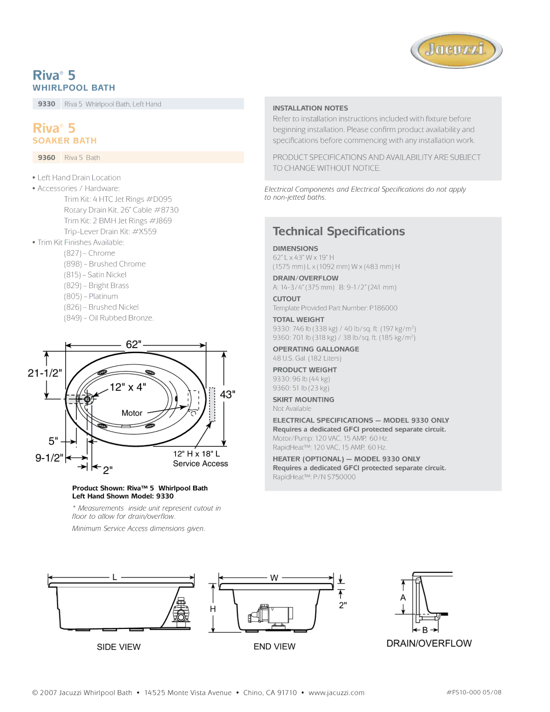 Jacuzzi 9360 Installation Notes, Dimensions, Drain/Overflow, Cutout, Total Weight, Operating Gallonage, Skirt Mounting 