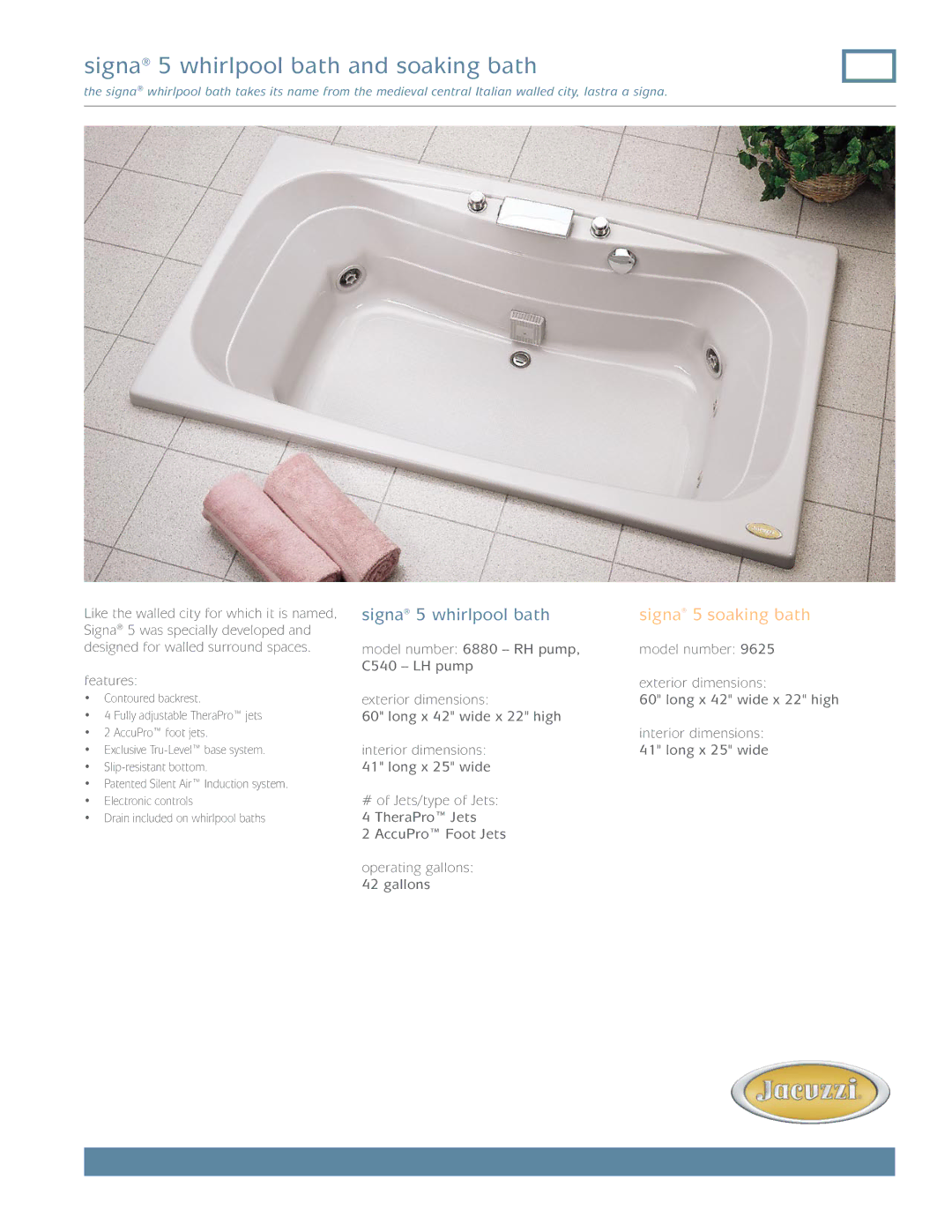 Jacuzzi 9625 dimensions Signa 5 whirlpool bath and soaking bath 