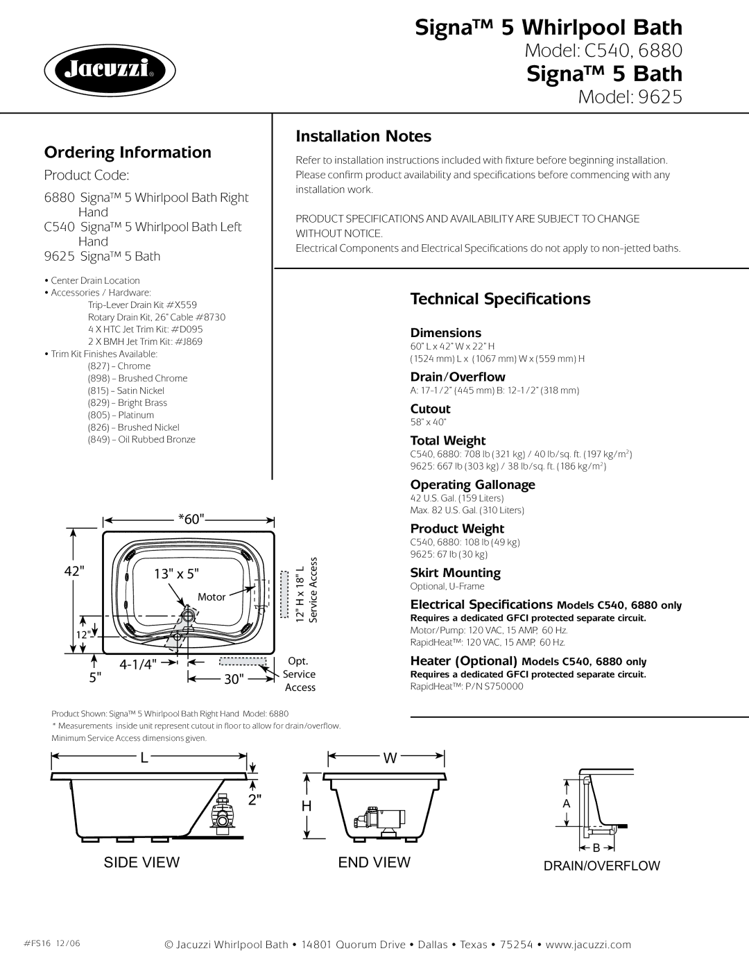 Jacuzzi 9625 dimensions Ordering Information, Installation Notes, Technical Specifications 