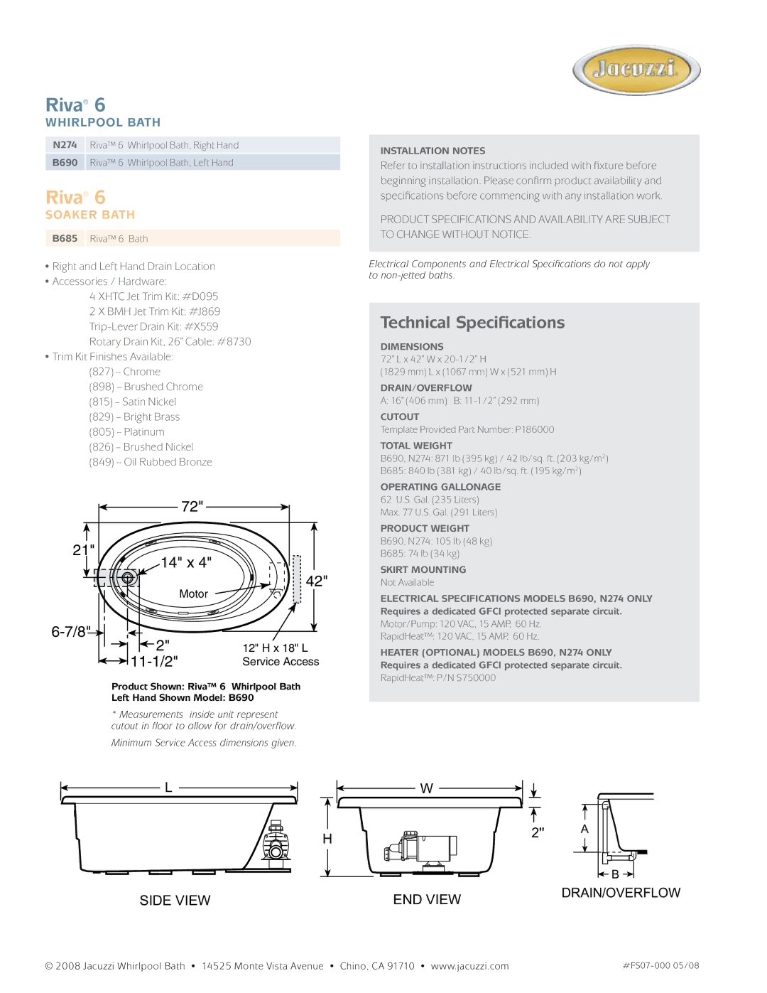 Jacuzzi B690, B685 dimensions Motor, X 18 L Service Access 