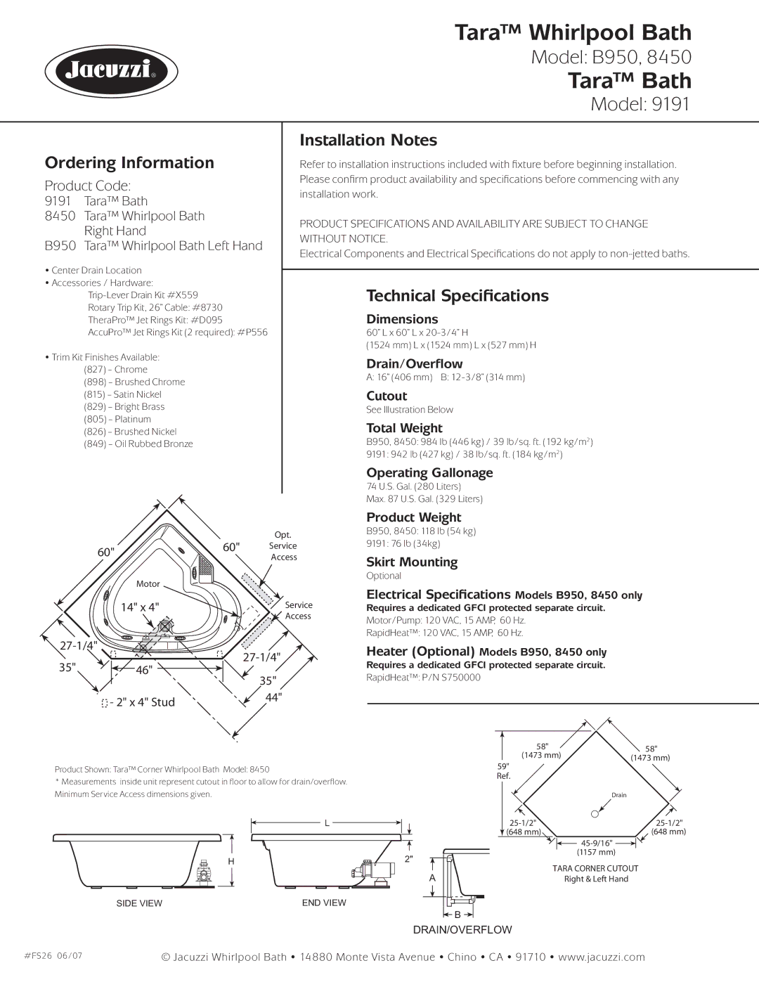 Jacuzzi B950 dimensions Ordering Information, Installation Notes, Technical Speciﬁcations 