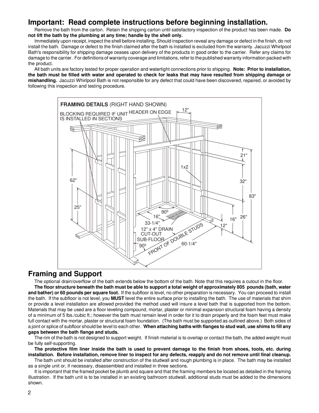 Jacuzzi Bathroom Aids specifications Framing and Support, Framing Details Right Hand Shown 