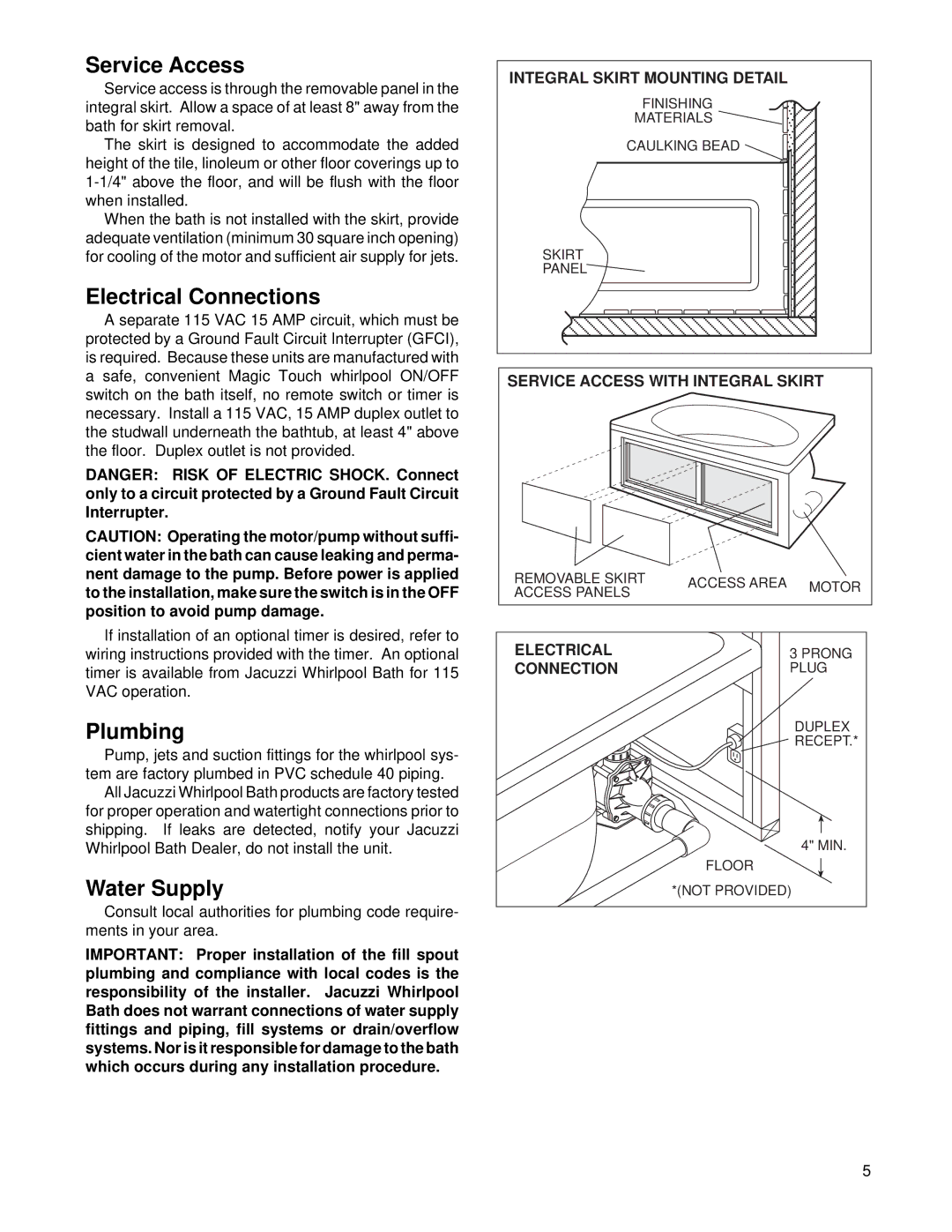 Jacuzzi Bathroom Aids specifications Service Access, Electrical Connections, Plumbing, Water Supply 