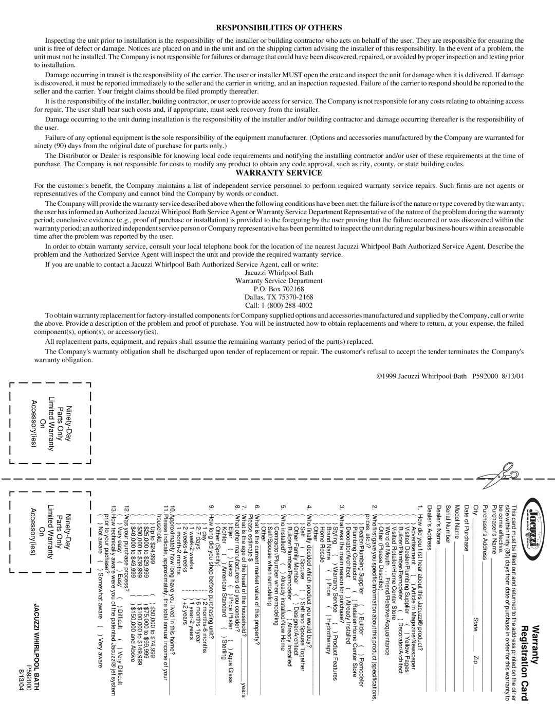 Jacuzzi Bathroom Aids specifications Responsibilities of Others, Warranty Service 