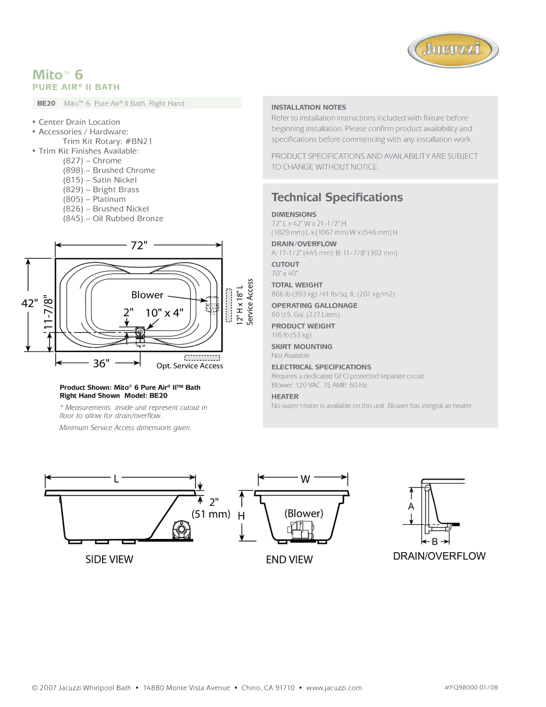 Jacuzzi BE20 Installation Notes, Dimensions, Drain/Overflow, Cutout, Total Weight, Operating Gallonage, Product Weight 