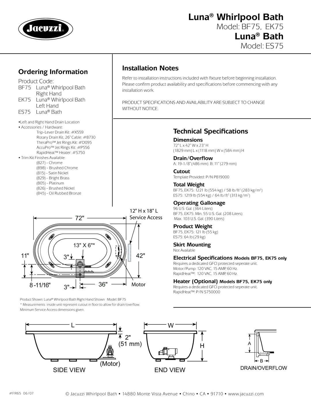 Jacuzzi EK75-LH, BF75-RH, ES75 dimensions Ordering Information, Installation Notes, Technical Speciﬁcations 