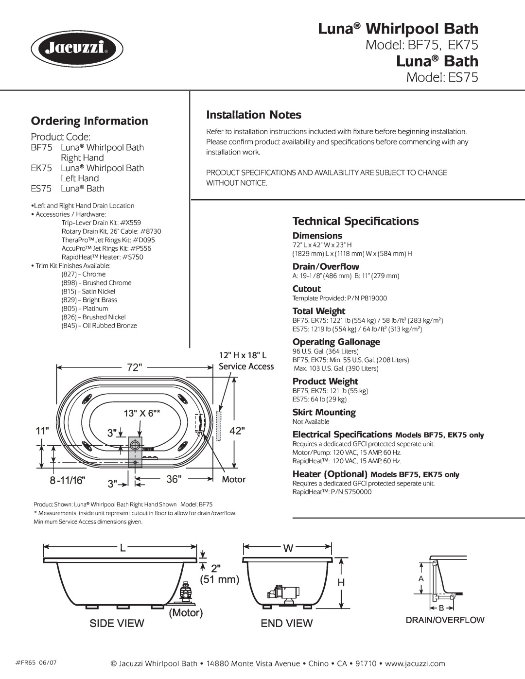 Jacuzzi EK75-LH Luna Whirlpool Bath, Luna Bath, Model BF75, EK75, Model ES75, Ordering Information, Installation Notes 