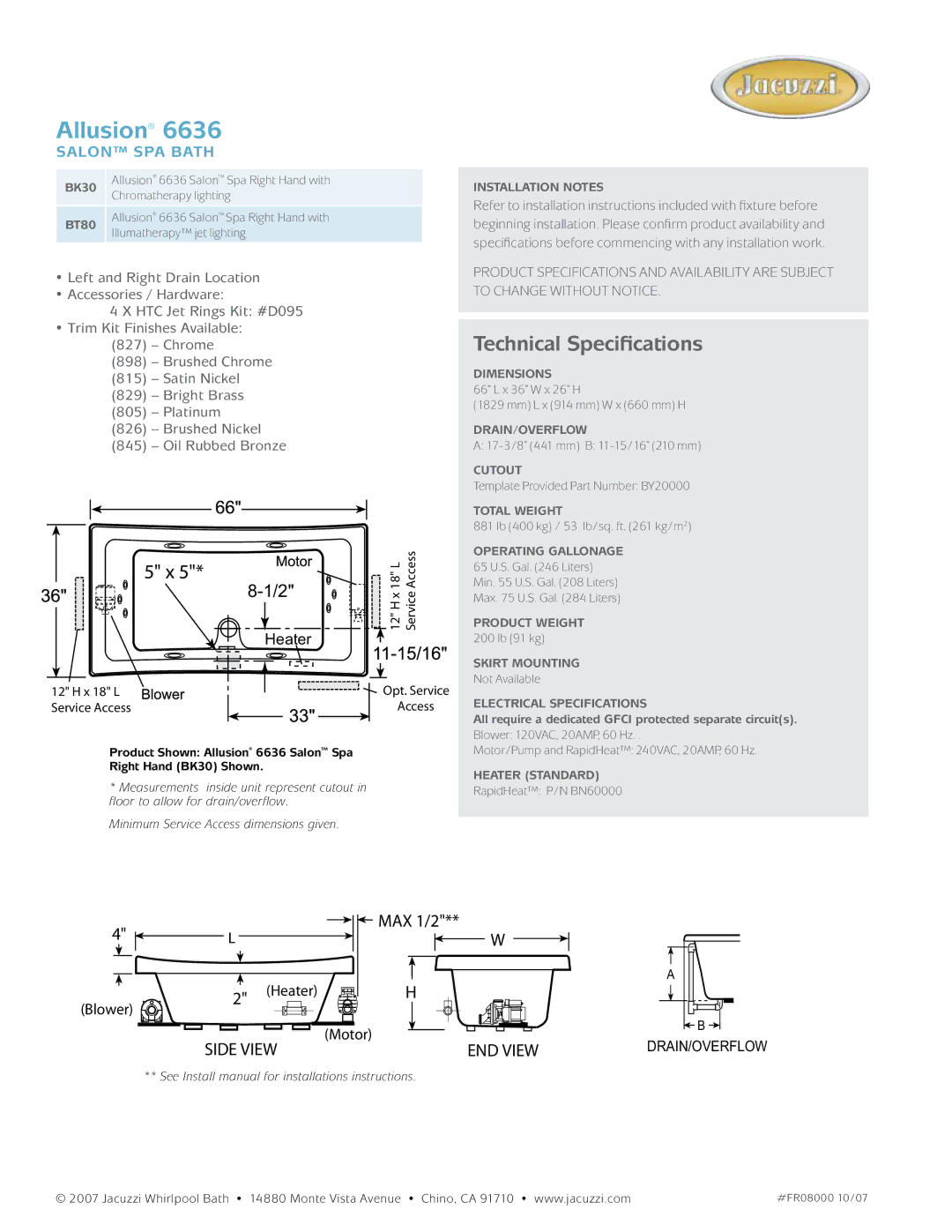 Jacuzzi 6636, BK30, BT80 dimensions Allusion, Technical Specifications, Salon spa Bath, Heater, Motor 