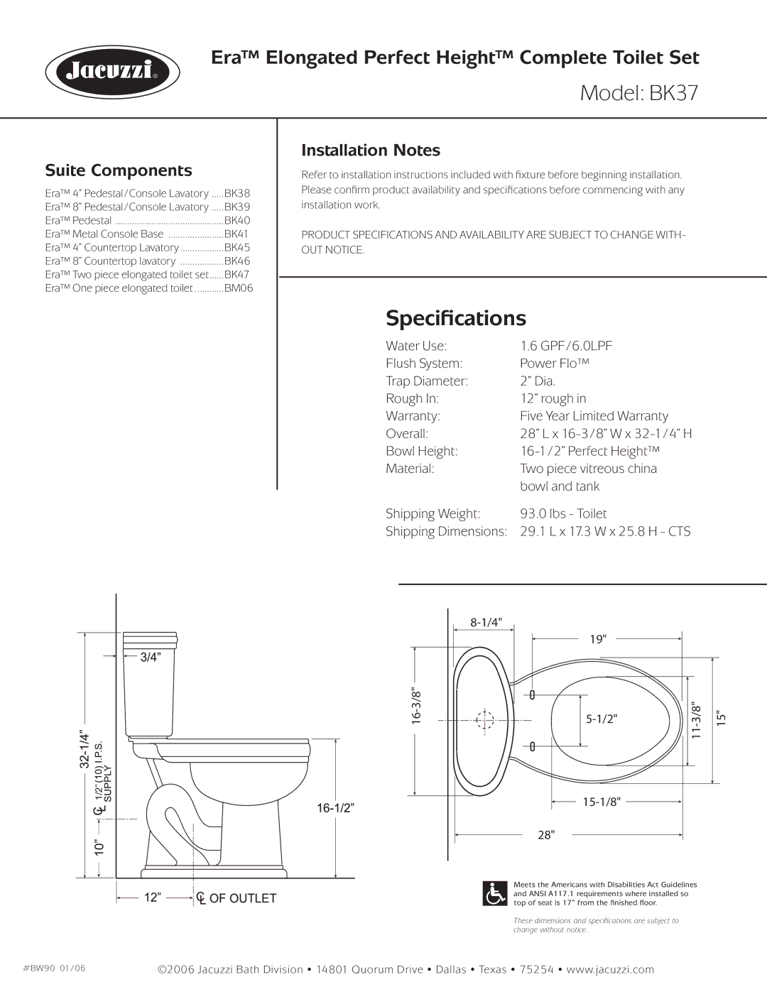 Jacuzzi dimensions Model BK37, Speciﬁcations, Suite Components, Installation Notes, 16-3/8 113/8 15-1/8 