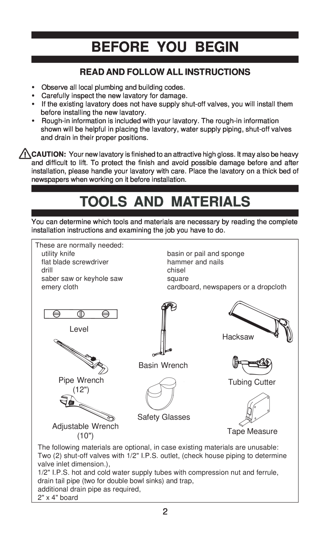 Jacuzzi BM43000 Tools And Materials, Read And Follow All Instructions, Before You Begin, Level, Hacksaw, Pipe Wrench 