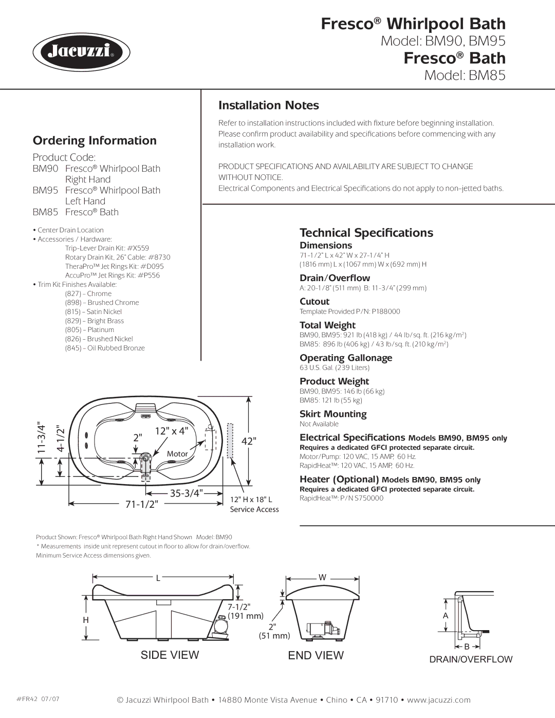 Jacuzzi BM95, BM85, BM90 dimensions Ordering Information, Installation Notes, Technical Speciﬁcations 