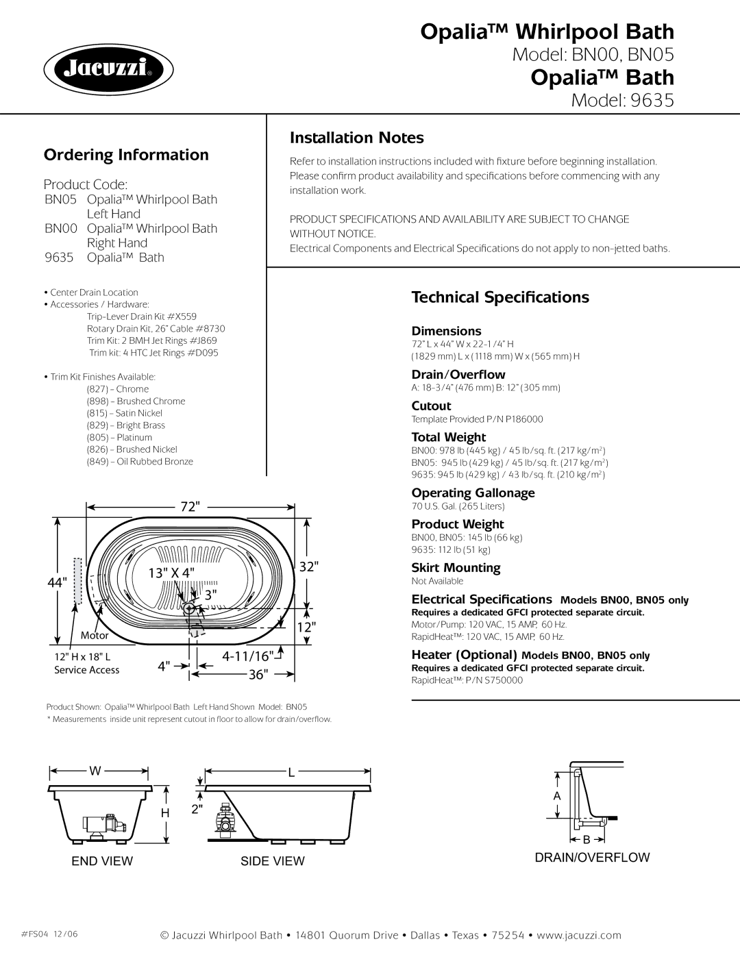 Jacuzzi 9635, BN00, BN05 dimensions Ordering Information, Installation Notes, Technical Specifications 