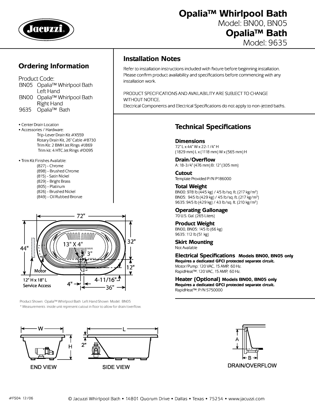 Jacuzzi 9635 Opalia Whirlpool Bath, Opalia Bath, Model BN00, BN05, Ordering Information, Installation Notes, Product Code 