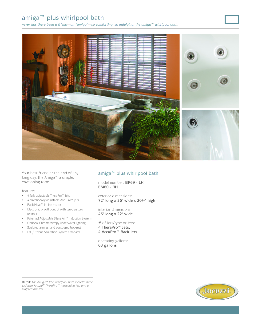 Jacuzzi EM80 - RH, BP69 - LH dimensions Amiga plus whirlpool bath 