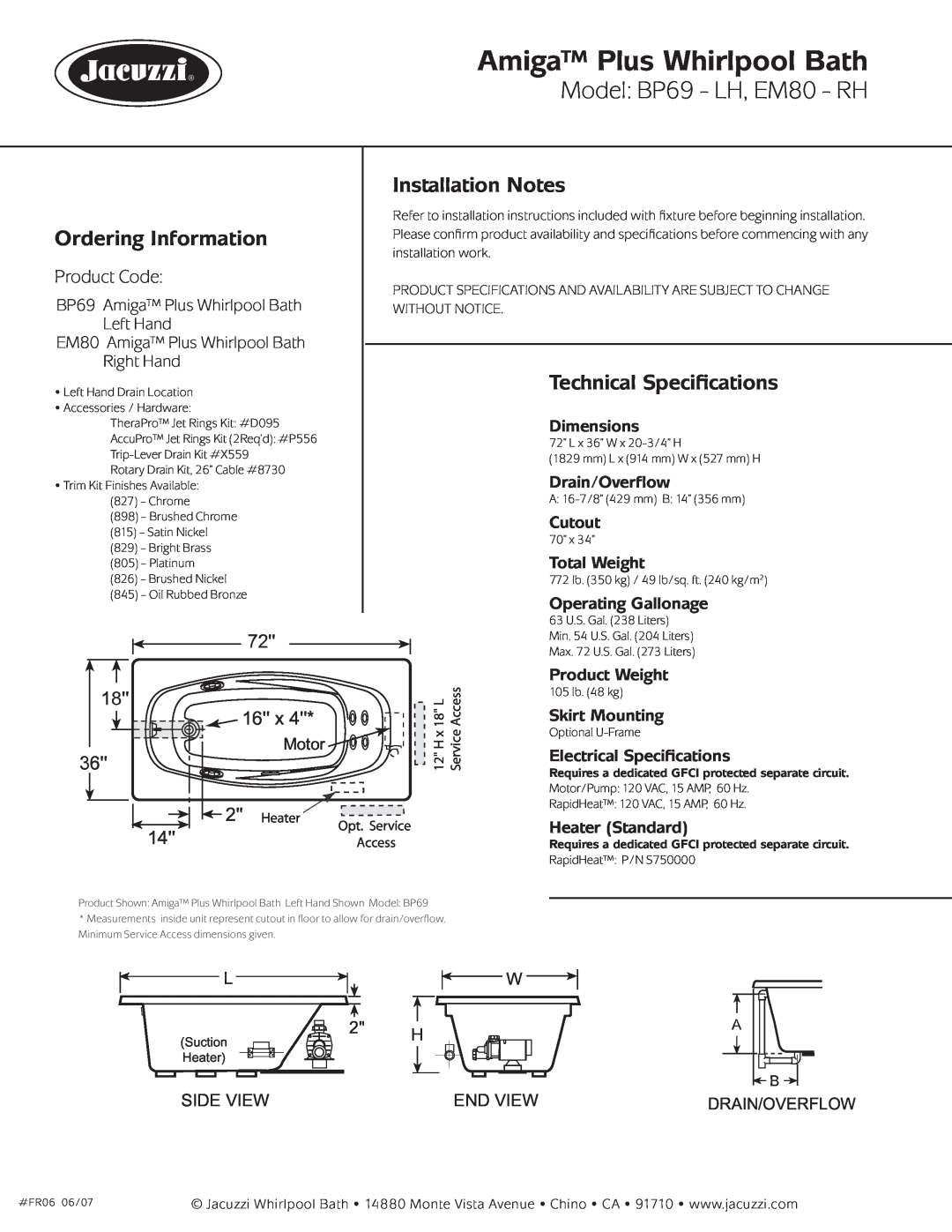 Jacuzzi Amiga Plus Whirlpool Bath, Model: BP69 - LH, EM80 - RH, Ordering Information, Installation Notes, Product Code 
