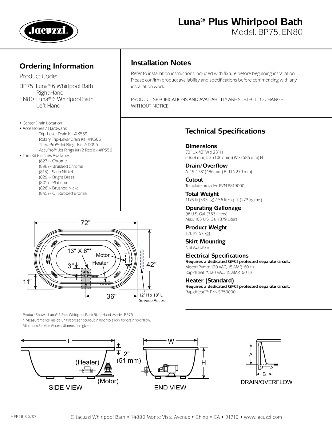 Jacuzzi BP75, EN80 dimensions Ordering Information, Installation Notes, Technical Speciﬁcations 